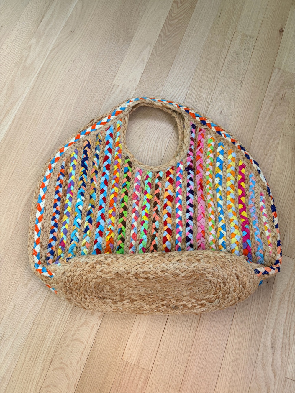 Antik Kraft Multicolor Braided Jute Tote Bag Rainbow Woven Boho Beach Market Bag - Picture 3 of 5